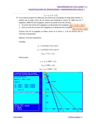 UNIVERSIDAD DE LOS LLANO 46
                   INVESTIGACION DE OPERACIONES -PROGRAMACION LINEAL


  37. Una imprenta dispone de 1800 pilas de cartulina de 13 pulgadas de largo debe atender un
      pedido que le exige cortes de tal manera que disponga al menos de 1000 tiras de 7
      pulgadas y 2000 tiras de 5 pulgadas, cada tira se puede cortar de 2 formas.
      1. Se cortan dos tramos de 5 pulgadas y un desperdicio de 3 pulgadas 5”         5”    3”
      2. Hace un corte de un tramo de 7 pulgadas y un desperdicio de 1 pulgada
                                                                                5”       7”      1”

     Cuantas tiras de 13 pulgadas se deben cortar en la forma 1, 2 de tal manera que se
     minimice el desperdicio.

     Objetivo: minimizar desperdicio

     Variables:




     Restricciones:




UNILLANOS                                                                Johanastar 
 