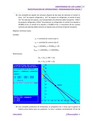 UNIVERSIDAD DE LOS LLANO 47
                     INVESTIGACION DE OPERACIONES -PROGRAMACION LINEAL

    38. Una compañía de alquiler de camiones dispone de dos tipos de vehículos el camión A:
        tiene       de espacio refrigerado y        de espacio no refrigerado, el camión B tiene
              de cada tipo de espacio, una transportadora de alimentos debe transportar
        de producto refrigerado y          de productos no refrigerados. El camión A lo alquilan a
        30.000$ el km, el camión B lo alquilan a 35.000$ el km, si recorrieron 40 km cuantos
        camiones de cada tipo deben tomarse en alquiler para minimizar el tipo de transporte .

Objetivo: minimizar costos

Variable:




Restricciones:




    39. Una compañía productora de fertilizantes es propietaria de 2 minas que le genera la
        materia prima básica para sus productos. La mina 1 produce semanalmente 10 ton de


UNILLANOS                                                                    Johanastar 
 