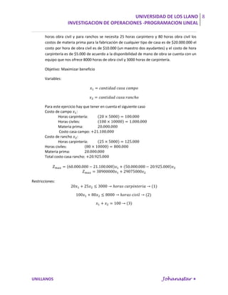 UNIVERSIDAD DE LOS LLANO 8
                     INVESTIGACION DE OPERACIONES -PROGRAMACION LINEAL

        horas obra civil y para ranchos se necesita 25 horas carpintero y 80 horas obra civil los
        costos de materia prima para la fabricación de cualquier tipo de casa es de $20.000.000 el
        costo por hora de obra civil es de $10.000 (un maestro dos ayudantes) y el costo de hora
        carpintería es de $5.000 de acuerdo a la disponibilidad de mano de obra se cuenta con un
        equipo que nos ofrece 8000 horas de obra civil y 3000 horas de carpintería.

       Objetivo: Maximizar beneficio

       Variables:




       Para este ejercicio hay que tener en cuenta el siguiente caso
       Costo de campo :
               Horas carpintería:
               Horas civiles:
               Materia prima:
                Costo casa campo:
       Costo de rancho :
               Horas carpintería:
       Horas civiles:
       Materia prima:
       Total costo casa rancho:




Restricciones:




UNILLANOS                                                                    Johanastar 
 