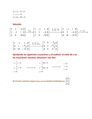 01082
0
0432



zyx
zyx
zyx
Solución:
 













 













 

















22
133
122
2
1
5
12
2
0
0
0
12100
650
111
0
0
0
1082
432
111
0
0
0
1082
111
432
RRRRR
RRR
R
R














 












 

0
0
0
000
5
610
5
101
0
0
0
12100
5
610
111
233
211
10RRR
RRR
Quedando las siguientes ecuaciones y al sustituir el valor de z en
las ecuaciones nuestras soluciones nos dan:
0
0
5
6
0
5
1



z
zy
zx
0
0)0(
5
6
0)0(
5
1



z
y
x
0
0
0



z
y
x
R/: El vector solución es igual a cero, es una solución trivialla base es:




















0
0
0
 