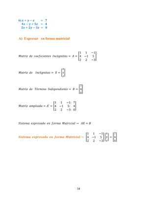 18
6)
A) Expresar en forma matricial
[ ]
[ ]
[ ]
[ ]
[ ] [ ] [ ]
 