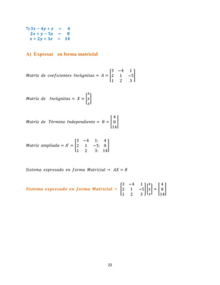 22
7)
A) Expresar en forma matricial
[ ]
[ ]
[ ]
[ ]
[ ] [ ] [ ]
 
