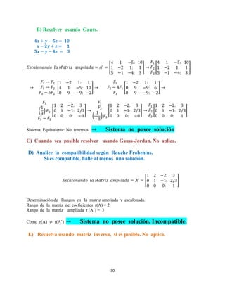 30
B) Resolver usando Gauss.
[ ] [ ]
[ ] [ ]
( ) [ ]
( )
[ ] [ ]
Sistema Equivalente: No tenemos. Sistema no posee solución
C) Cuando sea posible resolver usando Gauss-Jordan. No aplica.
D) Analice la compatibilidad según Rouche Frobenius.
Si es compatible, halle al menos una solución.
[ ]
Determinación de Rangos en la matriz ampliada y escalonada.
Rango de la matriz de coeficientes r(A) = 2
Rango de la matriz ampliada r (A’) = 3
Como r(A) r(A’) Sistema no posee solución. Incompatible.
E) Resuelva usando matriz inversa, si es posible. No aplica.
 