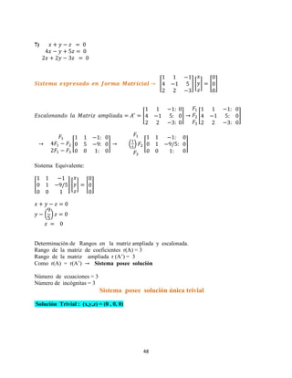 48
7)
[ ] [ ] [ ]
[ ] [ ]
[ ] ( ) [ ]
Sistema Equivalente:
[ ] [ ] [ ]
( )
Determinación de Rangos en la matriz ampliada y escalonada.
Rango de la matriz de coeficientes r(A) = 3
Rango de la matriz ampliada r (A’) = 3
Como r(A) = r(A’) Sistema posee solución
Número de ecuaciones = 3
Número de incógnitas = 3
Sistema posee solución única trivial
Solución Trivial : (x,y,z) = (0 , 0, 0)
 