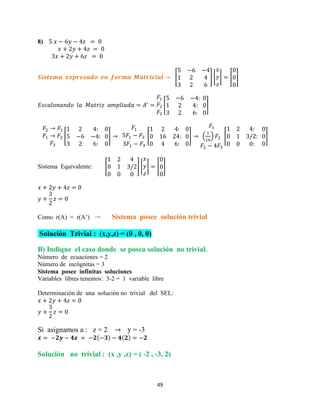 49
8)
[ ] [ ] [ ]
[ ]
[ ] [ ] ( ) [ ]
Sistema Equivalente: [ ] [ ] [ ]
Como r(A) = r(A’) Sistema posee solución trivial
Solución Trivial : (x,y,z) = (0 , 0, 0)
B) Indique el caso donde se posea solución no trivial.
Número de ecuaciones = 2
Número de incógnitas = 3
Sistema posee infinitas soluciones
Variables libres tenemos: 3-2 = 1 variable libre
Determinación de una solución no trivial del SEL:
Si asignamos a : z = 2 y = -3
Solución no trivial : (x ,y ,z) = ( -2 , -3, 2)
 