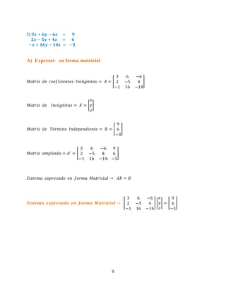9
3)
A) Expresar en forma matricial
[ ]
[ ]
[ ]
[ ]
[ ] [ ] [ ]
 