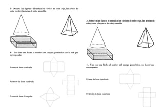 3-. Observa las figuras e identifica los vértices de color rojo, las aristas de
color verde y las caras de color amarillo.
4-. Une con una flecha el nombre del cuerpo geométrico con la red que
corresponda:
Prisma de base cuadrada
Pirámide de base cuadrada
Prisma de base triangular
3-. Observa las figuras e identifica los vértices de color rojo, las aristas de
color verde y las caras de color amarillo.
4-. Une con una flecha el nombre del cuerpo geométrico con la red que
corresponda:
Prisma de base cuadrada
Pirámide de base cuadrada