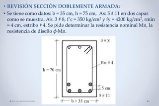 • REVISIÓN SECCIÓN DOBLEMENTE ARMADA:
• Se tiene como datos: b = 35 cm, h = 75 cm, As: 5 # 11 en dos capas
como se muestra, A’s: 3 # 8, f’c = 350 kg/cm2 y fy = 4200 kg/cm2, rmin
= 4 cm, estribo # 4. Se pide determinar la resistencia nominal Mn, la
resistencia de diseño 𝜙·Mn.
Prof. Ing. José Grimán Morales 1
 