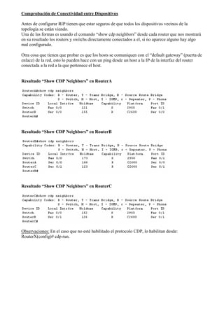 Comprobación de Conectividad entre Dispositivos
Antes de configurar RIP tienen que estar seguros de que todos los dispositivos vecinos de la
topología se están viendo.
Una de las formas es usando el comando “show cdp neighbors” desde cada router que nos mostrará
en su resultado los routers y switchs directamente conectados a el, si no aparece alguno hay algo
mal configurado.
Otra cosa que tienen que probar es que los hosts se comuniquen con el “default gateway” (puerta de
enlace) de la red, esto lo pueden hace con un ping desde un host a la IP de la interfaz del router
conectada a la red a la que pertenece el host.
Resultado “Show CDP Neighbors” en RouterA
Resultado “Show CDP Neighbors” en RouterB
Resultado “Show CDP Neighbors” en RouterC
Observaciones: En el caso que no esté habilitado el protocolo CDP, lo habilitan desde:
RouterX(config)# cdp run.
 