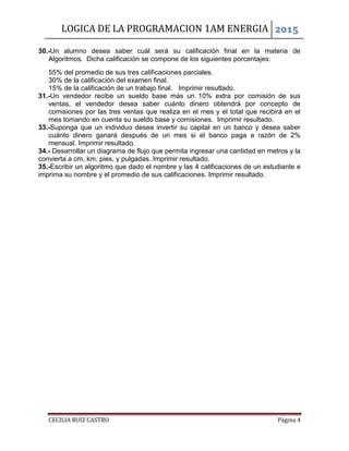 LOGICA DE LA PROGRAMACION 1AM ENERGIA 2015
CECILIA RUIZ CASTRO Página 4
30.-Un alumno desea saber cuál será su calificación final en la materia de
Algoritmos. Dicha calificación se compone de los siguientes porcentajes:
55% del promedio de sus tres calificaciones parciales.
30% de la calificación del examen final.
15% de la calificación de un trabajo final. Imprimir resultado.
31.-Un vendedor recibe un sueldo base más un 10% extra por comisión de sus
ventas, el vendedor desea saber cuánto dinero obtendrá por concepto de
comisiones por las tres ventas que realiza en el mes y el total que recibirá en el
mes tomando en cuenta su sueldo base y comisiones. Imprimir resultado.
33.-Suponga que un individuo desea invertir su capital en un banco y desea saber
cuánto dinero ganará después de un mes si el banco paga a razón de 2%
mensual. Imprimir resultado.
34.- Desarrollar un diagrama de flujo que permita ingresar una cantidad en metros y la
convierta a cm, km, pies, y pulgadas. Imprimir resultado.
35.-Escribir un algoritmo que dado el nombre y las 4 calificaciones de un estudiante e
imprima su nombre y el promedio de sus calificaciones. Imprimir resultado.
 