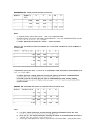Septiembre 2000/2001: Dadas las siguientes inversiones en miles de u.m.:
INVERSIÓN DESEMBOLSO
INICIAL
Q1 Q2 Q3 Q4 Q5
A 10.000 8.000 4.000 5.000 --- ---
B 8.000 4.000 6.000 --- --- ---
C 11.000 0 2.000 0 8.000 19.000
Se pide:
a) Concepto de pay-back. Calcular en la inversión A, ¿crees que es un criterio adecuado?
b) ¿Cuál sería el orden en la selección de las citadas inversiones aplicando el criterio Valor Actualizado Neto (VAN), teniendo
en cuenta una tasa de actualización o descuento del 6%?
c) Calcular la Tasa Interna de Rentabilidad de la Inversión B y comentar el resultado.
Septiembre 2000: La empresa Fomento de Extremadura S.A. tiene previsto realizar los proyectos de inversión recogidos en el
siguiente cuadro:
PROYECTO DESEMBOLSO INICIAL Q1 Q2 Q3 Q4
A 8.000 4.000 6.000 --- ---
B 1.500 200 400 400 400
C 5.000 4.000 1.200 --- ---
D 10.000 --- 4.000 5.000 6.000
Si suponemos que los flujos netos de caja (Q1, Q2, Q3, Q4) son anuales y que la tasa de descuento K=5% es la misma que el tipo de
interés en el mercado. Se pide:
a) Explicar en qué consiste el plazo de recuperación como criterio de evaluación de inversiones. Calcular para todos los
proyectos y ordenar según la prioridad. Señalar los inconvenientes de este criterio.
b) Utilizando el criterio del Valor Actual Neto (VAN), indicar los proyectos viables y no viables. Razonar la respuesta.
c) Averiguar si los proyectos de inversión A y C son viables o no, según el criterio de la Tasa Interna de Rentabilidad (TIR).
Razonar la respuesta.
Septiembre 1999: La empresa BETA se plantean tres proyectos de inversión (en miles de euros):
PROYECTO DESEMBOLSO INICIAL Q1 Q2 Q3 Q4
A 8.000 4.000 6.000 --- ---
B 1.500 200 400 400 400
C 5.000 4.000 1.200 --- ---
D 10.000 --- 4.000 5.000 6.000
Se pide:
a) ¿Cuál sería el orden en la selección de las citadas inversiones aplicando el criterio Valor Actualizado Neto (VAN),
teniendo en cuenta una tasa de actualización o descuento del 7% anual?
b) Con los datos de la tabla anterior, compare todos los proyectos de inversión con el criterio del plazo de recuperación o
“pay-back”. ¿Es un buen método de selección de inversiones?
c) ¿Conoce algún método diferente a los anteriores para la selección de inversiones? Definir y aplicar a la tabla anterior
 