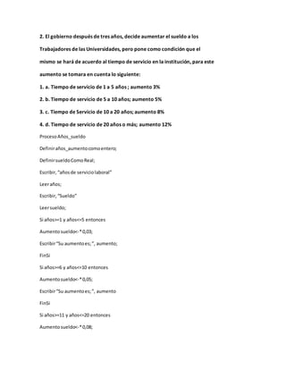 2. El gobierno después de tres años, decide aumentar el sueldo a los
Trabajadores de las Universidades, pero pone como condición que el
mismo se hará de acuerdo al tiempo de servicio en la institución, para este
aumento se tomara en cuenta lo siguiente:
1. a. Tiempo de servicio de 1 a 5 años ; aumento 3%
2. b. Tiempo de servicio de 5 a 10 años; aumento 5%
3. c. Tiempo de Servicio de 10 a 20 años; aumento 8%
4. d. Tiempo de servicio de 20 años o más; aumento 12%
ProcesoAños_sueldo
Definiraños_aumentocomoentero;
DefinirsueldoComoReal;
Escribir,“añosde serviciolaboral”
Leeraños;
Escribir,“Sueldo”
Leersueldo;
Si años>=1 y años<=5 entonces
Aumentosueldo<-*0,03;
Escribir“Su aumentoes;”, aumento;
FinSi
Si años>=6 y años<=10 entonces
Aumentosueldo<-*0,05;
Escribir“Su aumentoes;”, aumento
FinSi
Si años>=11 y años<=20 entonces
Aumentosueldo<-*0,08;
 