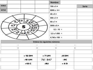 Serie
Nombre:
Ordena los siguientes números:
- - - -
> > > >
700 x 5 =
8000 x 4 =
40 x 9 =
900 x 3 =
60 x 7 =
5000 x 6 =
0,3 : 10 =
3,2 x 1.000 =
4,748 x 100 =
DOBLE
MITAD
 