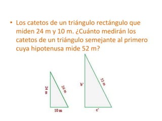 • Los catetos de un triángulo rectángulo que
miden 24 m y 10 m. ¿Cuánto medirán los
catetos de un triángulo semejante al primero
cuya hipotenusa mide 52 m?