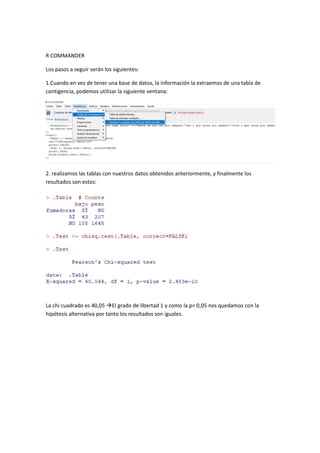 R COMMANDER
Los pasos a seguir serán los siguientes:
1.Cuando en vez de tener una base de datos, la información la extraemos de una tabla de
contigencia, podemos utilizar la siguiente ventana:
2. realizamos las tablas con nuestros datos obtenidos anteriormente, y finalmente los
resultados son estos:
La chi cuadrado es 40,05 El grado de libertad 1 y como la p< 0,05 nos quedamos con la
hipótesis alternativa por tanto los resultados son iguales.
 
