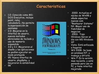      Caracteristicas ﻿ 1.0: Conocido como MS-DOS Executive, incluye paint, reloj calculadora...No permite la superposición de ventanas 2.0: Mejoras en la interfaz de usuario, nuevos metodos abreviados de teclado y uso de memoria expandida 3.0 y 3.1: Mejoraron el diseño y las aplicaciones se podían ejecutar en modo protegido 95: Nueva interfaz de usuario, plug&play, y mejoraron la estabilidad 98   2000: Actualiza el núcleo de Win98 y añade aspectos nuevos com "Restaurar Sistema" Nt: Mayor uso de fiabilidad de negocios   2003:   Trajo Windows Server al día con MS Windows XP Vista: Está enfocada a hogares WS 2008: Se basa en windows NT, y trabaja a 64 bits Win 7: Es la versión mas reciente, y está pensada para uso en PC, y tiene interfaz mejorada 