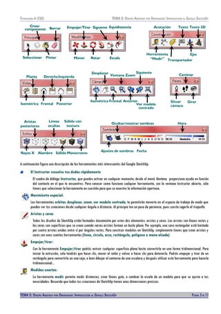 TECNOLOXÍA 4º ESO. TEMA 5: DISEÑO AISISTIDO POR ORDENADOR: INTRODUCCIÓN AL GOOGLE SKETCHUP
Crear
componente
Seleccionar
Borrar
Pintar
Crear
componente
Seleccionar
Borrar
Pintar Mover
Empujar/Tirar Equidistancia
Rotar
Sígueme
EscalaMover
Empujar/Tirar Equidistancia
Rotar
Sígueme
Escala
Herramienta
“Medir” Transportador
Acotación Texto Texto 3D
Ejes
Isométrica Frontal
Planta Derecha
Posterior
Izquierda
Desplazar
Ventana Zoom
Siguiente
Ver modelo
centrado
Isométrica Frontal Anterior Situar
cámara
Caminar
Girar
Rayos X
Aristas
posteriores
Alambre
Líneas
ocultas
Sólido
Sólido con
textura
Monocromo
Ajustes de sombras Fecha
Ocultar/mostrar sombras Hora
A continuación figura una descripción de las herramientas más interesantes del Google SketchUp:
El Instructor resuelve tus dudas rápidamente
El cuadro de diálogo Instructor, que puedes activar en cualquier momento, desde el menú Ventana, proporciona ayuda en función
del contexto en el que te encuentres. Para conocer como funciona cualquier herramienta, con la ventana Instructor abierta, sólo
tienes que seleccionar la herramienta en cuestión para que se muestre la información oportuna.
Movimiento espacial:
Las herramientas orbitar, desplazar, zoom, ver modelo centrado, te permitirán moverte en el espacio de trabajo de modo que
puedas ver tus creaciones desde cualquier ángulo o distancia. Al principio ten un poco de paciencia, pues cuesta cogerle el truquillo.
Aristas y caras
Todos los diseños de SketchUp están formados únicamente por estos dos elementos: aristas y caras. Las aristas son líneas rectas y
las caras son superficies que se crean cuando varias aristas forman un bucle plano. Por ejemplo, una cara rectangular está limitada
por cuatro aristas unidas entre sí por ángulos rectos. Para construir modelos en SketchUp, simplemente tienes que crear aristas y
caras con unas cuantas herramientas (línea, círculo, arco, rectángulo, polígono o mano alzada)
Empujar/tirar:
Con la herramienta Empujar/tirar podrás extruir cualquier superficie plana hasta convertirla en una forma tridimensional. Para
iniciar la extrusión, solo tendrás que hacer clic, mover el ratón y volver a hacer clic para detenerla. Podrás empujar y tirar de un
rectángulo para convertirlo en una caja; o bien dibujar el contorno de una escalera y después utilizar esta herramienta para hacerla
tridimensional...
Medidas exactas:
La herramienta medir permite medir distancias, crear líneas guía, o cambiar la escala de un modelo para que se ajuste a tus
necesidades. Recuerda que todas tus creaciones de SketchUp tienen unas dimensiones precisas.
TEMA 5: DISEÑO AISISTIDO POR ORDENADOR: INTRODUCCIÓN AL GOOGLE SKETCHUP PÁGINA 3 DE 17
 