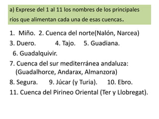 a) Exprese del 1 al 11 los nombres de los principales
ríos que alimentan cada una de esas cuencas.

1. Miño. 2. Cuenca del norte(Nalón, Narcea)
3. Duero.
4. Tajo. 5. Guadiana.
6. Guadalquivir.
7. Cuenca del sur mediterránea andaluza:
(Guadalhorce, Andarax, Almanzora)
8. Segura.
9. Júcar (y Turia). 10. Ebro.
11. Cuenca del Pirineo Oriental (Ter y Llobregat).

 