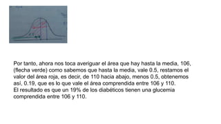Por tanto, ahora nos toca averiguar el área que hay hasta la media, 106,
(flecha verde) como sabemos que hasta la media, vale 0.5, restamos el
valor del área roja, es decir, de 110 hacia abajo, menos 0.5, obtenemos
así, 0.19, que es lo que vale el área comprendida entre 106 y 110.
El resultado es que un 19% de los diabéticos tienen una glucemia
comprendida entre 106 y 110.
 