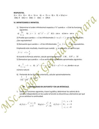 RESPUESTAS.
1) 2) 3) 4) - 5) + 6) - 7) + 8) 9) 10 a) +
10b) -4 10c) + 10d) - 10e) - 10f) 0
VI. INFINITESIMOS E INFINITOS.
1) Determinar el orden infinitesimal respecto a “x” cuando x 0 de las funciones
siguientes:
a)
x
x
1
2
b) xx c) 33 2
xx d) 1 - cos x e) tan x - sen x
2) Pruebe que cuando x 1 los infinitesimales 1 – x y 31 x son del mismo orden.
¿Son equivalentes?
3) Demuestre que cuando x 0 los infinitesimales
2
x
y 11 x son equivalentes.
Empleando este resultado, muestre que cuando x es pequeño, se verifica que:
2
11
x
x .
4) Usando la fórmula anterior, calcule aproximadamente 1097.0,06.1 y
5) Demostrar que cuando x 0 se verifican las igualdades aproximadas siguientes:
a) x
x
1
1
1
b)
a
x
axa
2
2
c) nxx n
1)1( , donde n es un
número natural.
6) Partiendo de las fórmulas anteriores, calcular aproximadamente:
4
93.0,15,
05.1
1
,
02.1
1
VII. CONTINUIDAD EN UN PUNTO Y EN UN INTERVALO.
1. Dadas las funciones siguientes, trazar la gráfica, determinar los valores de la
variable independiente en los cuales la función es discontinua y demostrar por qué
no se satisface la continuidad.
a)
3
6
)(
2
x
xx
xf b)
16
4
)( 4
2
x
x
xg c)
0;
0;0
0;1
)(
xx
x
x
xf
 