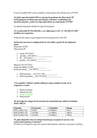 Es que el modelo OSI es mas completo y tienes partes mas selectas que el TCP/IP

14.¿Qué capa del modelo OSI se encarga de gestionar las direcciones IP
de los paquetes de datos para que lleguen a destino? Ayudándote del
ejercicio anterior, ¿cuál es la capa equivalente en el protocolo TCP/IP?

La capa de transporte tambien la capa de transporte.

15. La dirección IP 192.168.250.1, ¿es válida para LAN? ¿Y 192.169.127.250?
Justifica tus respuestas.

Valen las dos capas ya que ninguna de las dos pasan de la cifra 250

16.Inventa una nueva configuración de red válida a partir de los siguientes
datos:
Protocolo TCP/IP
Direcciones IP

   •    router 192.168.0.1
   •    servidor _192.168.0.2________________
   •    PC _192.168.0.3______________
   •    portátil _192.168.0.4________________

Máscara 255.255.255.0
Grupo de trabajo_CASA______________
Puerta de enlace __192.168.0.1_____________

   •    DNS primaria __194.179.1.100_____________
   •    DNS secundaria __194.174.20.44________________


17.La palabra “oficina” podría utilizarse como (cambia el color de la
respuesta a verde):

   1.   Puerta de enlace
   2.   Máscara de red
   3.   Grupo de trabajo
   4.   Dirección IP

18. Investiga los rangos de frecuencias de transmisión que utiliza el estándar
WiFi o 802.11.

Estandar              Frecuencia             Velocidad                Rango
WiFi a (802.11a)      5 GHz                  54 Mbit/s                10 m
WiFi B (802.11b       2,4 GHz                11 Mbit/s                100 m
WiFi G (802.11b)      2,4 GHz                54 Mbit/s                100 m

19.¿Qué dispositivo hace la misma función que un punto de acceso y nos
conecta directamente a Internet?
El router es el dispositivo que nos conecta directamente a Internet y que hace la mínima
 