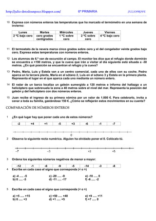 http://julio-
http://julio -detodounpoco.blogspot.com/ 6º PRIMARIA JULIOPROFE
…………………………………………………………………………………………………………..………….

10 Expresa con números enteros las temperaturas que ha marcado el termómetro en una semana de
    invierno:

        Lunes                Martes           Miércoles        Jueves              Viernes
    2 ºC bajo cero         cero grados        1 ºC sobre     2 ºC sobre         4 ºC bajo cero
                           centígrados           cero           cero


11 El termostato de la nevera marca cinco grados sobre cero y el del congelador veinte grados bajo
    cero. Expresa estas temperaturas con números enteros.

12 Los alumnos de 6.º van de excursión al campo. El monitor les dice que el refugio donde dormirán
    se encuentra a +190 metros, y que la cueva que irán a visitar al día siguiente está situada a -30
    metros. ¿En qué posición se encuentran el refugio y la cueva?

13 Pedro, María, Luis y Estela van a un centro comercial, cada uno de ellos con su coche. Pedro
    aparca en la tercera planta, María en el sótano 2, Luis en el sótano 3 y Estela en la primera planta.
    Representa el lugar en el que aparca cada uno mediante un número entero.

14 El radar de un barco localiza un galeón sumergido a 120 metros e informa del hallazgo a un
    helicóptero que sobrevuela la zona a 40 metros sobre el nivel del mar. Representa la posición del
    galeón y del helicóptero con dos números enteros.

15 Juan recibe el ingreso de su primera nómina por un valor de 1.000 €. Para celebrarlo, invita a
    cenar a toda su familia, gastándose 150 €. ¿Cómo se reflejarán estos movimientos en su cuenta?

COMPARACIÓN DE NÚMEROS ENTEROS

1   ¿En qué lugar hay que poner cada uno de estos números?

        -2            +4        +1           -5         +3      -6         -1            -7




2   Observa la siguiente recta numérica. Alguien ha olvidado poner el 0. Colócalo tú.




3   Ordena los siguientes números negativos de menor a mayor:

       -12       -1        -6        -9       -5       -14                 -3            -8
4   Escribe en cada caso el signo que corresponda (< o >)

    a) -4 ..... -5                   c) -20 ..... -9           e) -10 ..... 0
    b) 0 ..... -3                    d) -11 ..... -17          f) -6 ..... -2


5   Escribe en cada caso el signo que corresponda (< o >)

    a) +5 ..... +15                  c) +50 ..... +40          e) +9 ..... +11
    b) 0 ..... +3                    d) +1 ..... +5            f) +7 ..... 0
 