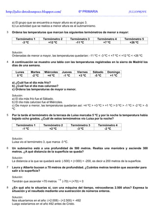 http://julio-
http://julio -detodounpoco.blogspot.com/ 6º PRIMARIA JULIOPROFE
…………………………………………………………………………………………………………..………….

    a) El grupo que se encuentra a mayor altura es el grupo 3.
    b) La actividad que se realiza a menor altura es el submarinismo.

3   Ordena las temperaturas que marcan los siguientes termómetros de menor a mayor:

       Termómetro 1         Termómetro 2          Termómetro 3          Termómetro 4        Termómetro 5
           -3 ºC               +12 ºC                -11 ºC                 +7 ºC              +26 ºC


    Solución:
    Ordenadas de menor a mayor, las temperaturas quedarían: -11 ºC < -3 ºC < +7 ºC < +12 ºC < +26 ºC

4   A continuación se muestra una tabla con las temperaturas registradas en la sierra de Madrid los
    días de una semana.

      Lunes       Martes     Miércoles     Jueves      Viernes     Sábado      Domingo
       0 ºC        -2 ºC       +4 ºC        -1 ºC       +3 ºC       -5 ºC       +1 ºC

    a) ¿Cuál fue el día más frío?
    b) ¿Cuál fue el día mas caluroso?
    c) Ordena las temperaturas de mayor a menor.

    Solución:
    a) El día más frío fue el Sábado.
    b) El día más caluroso fue el Miércoles.
    c) De mayor a menor, las temperaturas quedarían así: +4 ºC > +3 ºC > +1 ºC > 0 ºC > -1 ºC > -2 ºC > -5
    ºC

5   Por la tarde el termómetro de la terraza de Luisa marcaba 5 ºC y por la noche la temperatura había
    bajado ocho grados. ¿Cuál de estos termómetros vio Luisa por la noche?

       Termómetro 1         Termómetro 2          Termómetro 3          Termómetro 4
           -1 ºC                +2 ºC                 -3 ºC                 -2 ºC


    Solución:
    Luisa vio el termómetro 3, que marca -3 ºC.

6   Un submarino está a una profundidad de 500 metros. Realiza una maniobra y asciende 300
    metros. ¿A qué distancia de la superficie se queda?

    Solución:
    La distancia a la que se quedará será: (-500) + (+300) = -200, es decir a 200 metros de la superficie.

7   Laura y Alberto bucean a 70 metros de profundidad. ¿Cuántos metros tendrán que ascender para
    salir a la superficie?

    Solución:
    Tendrán que ascender +70 metros
                                         → (-70) + (+70) = 0

8   ¿En qué año te situarías si, con una máquina del tiempo, retrocedieras 2.500 años? Expresa la
    situación y el resultado mediante una sustracción de números enteros.

    Solución:
    Nos situaríamos en el año: (+2.008) - (+2.500) = -492
    Luego estaríamos en el año 492 antes de Cristo.
 