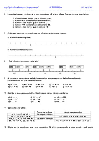 http://julio-
http://julio -detodounpoco.blogspot.com/ 6º PRIMARIA JULIOPROFE
…………………………………………………………………………………………………………..………….

6   Lee estas frases y contesta V si son verdaderas y F si son falsas. Corrige las que sean falsas:

          El número -50 es menor que el número -100.
          El número +31 es menor que el número +64.
          El número -6 es mayor que el número -77.
          El número +41 es menor que el número -80.
          El número -5 es mayor que el número +3.


7   Coloca en estas rectas numéricas los números enteros que puedas.

    a) Números enteros pares:




    b) Números enteros impares:




8   ¿Qué número representa cada letra?




9   Al comparar estos números Iván ha cometido algunos errores. Ayúdale escribiendo
    correctamente los que haya hecho mal.

    a) -5 > -10       c) +13 > -61       e) +3 > -3   g) -14 > -21       i) -6 > +9
    b) +21 < -17      d) -13 > +1        f) 0 < -11   h) +8 > 0          j) -31 > -18


10 Escribe el signo adecuado (< o >) entre cada par de números enteros.

    a) +6 ..... -1               d) -32 ..... -7             g) +2 ..... -398
    b) -9 ..... +7               e) +5 ..... -4              h) -24 ..... -1
    c) 0 ..... -5                f) +2 ..... +8              i) -14 .... -541


11 Completa esta tabla:

                                          Forma de ordenar                Números ordenados
        0, -21, +6, -5, -9, +8, -1        De mayor a menor
       -6, -12, -1, -10, -7, -4, +3                                  -12 < -10 < -7 < -6 < -4 < -1 < +3
     +16, +71, -4, -2, +53, +44, +7       De menor a mayor
    -11, -30, +17, -6, -20, -21, +2, 0                         +17 > +2 > 0 > -6 > -11 > -20 > -21 > -30


12 Dibuja en tu cuaderno una recta numérica. Si el 0 corresponde al año actual, ¿qué punto
 