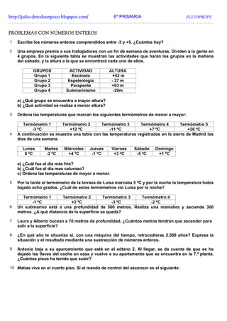 http://julio-
http://julio -detodounpoco.blogspot.com/ 6º PRIMARIA JULIOPROFE
…………………………………………………………………………………………………………..………….

PROBLEMAS CON NÚMEROS ENTEROS
1   Escribe los números enteros comprendidos entre -3 y +5. ¿Cuántos hay?

2   Una empresa premia a sus trabajadores con un fin de semana de aventuras. Dividen a la gente en
    4 grupos. En la siguiente tabla se muestran las actividades que harán los grupos en la mañana
    del sábado, y la altura a la que se encontrará cada uno de ellos.

           GRUPOS             ACTIVIDAD            ALTURA
           Grupo 1             Escalada             +52 m
           Grupo 2           Espeleología           - 27 m
           Grupo 3            Parapente             +93 m
           Grupo 4          Submarinismo             -29m

    a) ¿Qué grupo se encuentra a mayor altura?
    b) ¿Qué actividad se realiza a menor altura?

3   Ordena las temperaturas que marcan los siguientes termómetros de menor a mayor:

       Termómetro 1     Termómetro 2       Termómetro 3        Termómetro 4        Termómetro 5
           -3 ºC            +12 ºC              -11 ºC             +7 ºC               +26 ºC
4   A continuación se muestra una tabla con las temperaturas registradas en la sierra de Madrid los
    días de una semana.

      Lunes      Martes    Miércoles    Jueves     Viernes    Sábado     Domingo
       0 ºC       -2 ºC      +4 ºC       -1 ºC      +3 ºC      -5 ºC      +1 ºC

    a) ¿Cuál fue el día más frío?
    b) ¿Cuál fue el día mas caluroso?
    c) Ordena las temperaturas de mayor a menor.

5   Por la tarde el termómetro de la terraza de Luisa marcaba 5 ºC y por la noche la temperatura había
    bajado ocho grados. ¿Cuál de estos termómetros vio Luisa por la noche?

      Termómetro 1        Termómetro 2         Termómetro 3 Termómetro 4
           -1 ºC              +2 ºC                -3 ºC        -2 ºC
6   Un submarino está a una profundidad de 500 metros. Realiza una maniobra y asciende 300
    metros. ¿A qué distancia de la superficie se queda?

7   Laura y Alberto bucean a 70 metros de profundidad. ¿Cuántos metros tendrán que ascender para
    salir a la superficie?

8   ¿En qué año te situarías si, con una máquina del tiempo, retrocedieras 2.500 años? Expresa la
    situación y el resultado mediante una sustracción de números enteros.

9   Antonio baja a su aparcamiento que está en el sótano 2. Al llegar, se da cuenta de que se ha
    dejado las llaves del coche en casa y vuelve a su apartamento que se encuentra en la 7.ª planta.
    ¿Cuántos pisos ha tenido que subir?

10 Matías vive en el cuarto piso. Si el mando de control del ascensor es el siguiente:
 