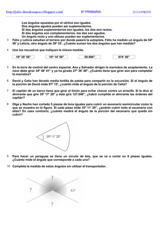 http://julio-
http://julio -detodounpoco.blogspot.com/ 6º PRIMARIA JULIOPROFE
…………………………………………………………………………………………………………..………….

           Los ángulos opuestos por el vértice son iguales.
           Dos ángulos agudos pueden ser suplementarios.
           Si dos ángulos suplementarios son iguales, los dos son rectos.
           Si dos ángulos son complementarios, los dos son agudos.
           Un ángulo recto y uno obtuso pueden ser suplementarios.
3   Félix y Leticia estudian el terreno por donde pasará la autopista. Félix ha medido un ángulo de 54º
    56' y Leticia, otro ángulo de 39º 35'. ¿Cuánto suman los dos ángulos que han medido?

4   Une los recuadros que indiquen la misma medida.

      16º 39' 56''            16º 14' 56''             59.996''                974' 56''


5   En la torre de control del centro espacial, Ana y Salvador dirigen la maniobra de acoplamiento. La
    nave debe girar 34º 48' 41'' y ya ha girado 27º 36' 49''. ¿Cuánto tiene que girar aún para completar
    la maniobra?

6   David y Celia han llevado media tortilla de patata para compartir en la excursión. Si el ángulo de
    la porción de David mide 97º 15', ¿cuánto mide el ángulo de la porción de Celia?

7   El capitán de un barco tiene que girar el timón para evitar chocar contra un arrecife. Si le dice al
    almirante que gire 35º 17' 28'' y éste gira 127.048'', ¿habrá cumplido el almirante las órdenes del
    capitán?

8   Olga y Nacho han cortado 5 piezas de lona iguales para cubrir un escenario semicircular como la
    que se muestra en la figura. Si cada pieza mide 35º 11' 20'', ¿podrán cubrir todo el escenario con
    ellas? En caso contrario, ¿cuánto medirá el ángulo de la porción del escenario que queda sin
    cubrir?




9   Para hacer un paraguas se tiene un círculo de tela, que se va a cortar en 8 piezas iguales.
    ¿Cuánto mide el ángulo que corresponde a cada una?

10 Completa la medida de estos ángulos sin utilizar el transportador.
 