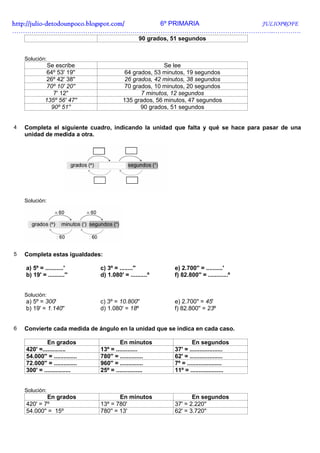 http://julio-
http://julio -detodounpoco.blogspot.com/ 6º PRIMARIA JULIOPROFE
…………………………………………………………………………………………………………..………….
                                                 90 grados, 51 segundos


    Solución:
              Se escribe                                 Se lee
             64º 53' 19''                 64 grados, 53 minutos, 19 segundos
             26º 42' 38''                 26 grados, 42 minutos, 38 segundos
             70º 10' 20''                 70 grados, 10 minutos, 20 segundos
                7' 12''                         7 minutos, 12 segundos
             135º 56' 47''                135 grados, 56 minutos, 47 segundos
               90º 51''                         90 grados, 51 segundos


4   Completa el siguiente cuadro, indicando la unidad que falta y qué se hace para pasar de una
    unidad de medida a otra.




    Solución:




5   Completa estas igualdades:

    a) 5º = ...........'        c) 3º = ........''          e) 2.700'' = ..........'
    b) 19' = ..........''       d) 1.080' = ..........º     f) 82.800'' = ............º


    Solución:
    a) 5º = 300'                c) 3º = 10.800''            e) 2.700'' = 45'
    b) 19' = 1.140''            d) 1.080' = 18º             f) 82.800'' = 23º


6   Convierte cada medida de ángulo en la unidad que se indica en cada caso.

             En grados                  En minutos                  En segundos
    420' =..............        13º = .............         37' = ....................
    54.000'' = ..............   780'' = ..............      62' = ....................
    72.000'' = ..............   960'' = ..............      7º = .....................
    300' = ................     25º = ................      11º = ....................


    Solución:
            En grados                   En minutos                 En segundos
    420' = 7º                   13º = 780'                  37' = 2.220''
    54.000'' = 15º              780'' = 13'                 62' = 3.720''
 