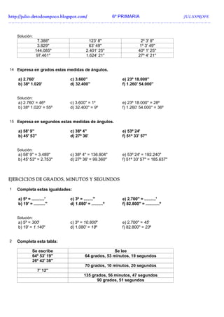 http://julio-
http://julio -detodounpoco.blogspot.com/ 6º PRIMARIA JULIOPROFE
…………………………………………………………………………………………………………..………….


    Solución:
                 7.388''                123' 8''                    2º 3' 8''
                 3.829''                63' 49''                    1º 3' 49''
                144.085''              2.401' 25''                 40º 1' 25''
                 97.461''              1.624' 21''                 27º 4' 21''


14 Expresa en grados estas medidas de ángulos.

    a) 2.760'                c) 3.600''                 e) 23º 18.000''
    b) 38º 1.020'            d) 32.400''                f) 1.260' 54.000''


    Solución:
    a) 2.760' = 46º          c) 3.600'' = 1º            e) 23º 18.000'' = 28º
    b) 38º 1.020' = 55º      d) 32.400'' = 9º           f) 1.260' 54.000'' = 36º


15 Expresa en segundos estas medidas de ángulos.

    a) 58' 9''               c) 38º 4''                 e) 53º 24'
    b) 45' 53''              d) 27º 36'                 f) 51º 33' 57''


    Solución:
    a) 58' 9'' = 3.489''     c) 38º 4'' = 136.804''     e) 53º 24' = 192.240''
    b) 45' 53'' = 2.753''    d) 27º 36' = 99.360''      f) 51º 33' 57'' = 185.637''



EJERCICIOS DE GRADOS, MINUTOS Y SEGUNDOS

1   Completa estas igualdades:

    a) 5º = ...........'     c) 3º = ........''         e) 2.700'' = ..........'
    b) 19' = ..........''    d) 1.080' = ..........º    f) 82.800'' = ............º


    Solución:
    a) 5º = 300'             c) 3º = 10.800''           e) 2.700'' = 45'
    b) 19' = 1.140''         d) 1.080' = 18º            f) 82.800'' = 23º


2   Completa esta tabla:

              Se escribe                             Se lee
              64º 53' 19''            64 grados, 53 minutos, 19 segundos
              26º 42' 38''
                                      70 grados, 10 minutos, 20 segundos
                  7' 12''
                                      135 grados, 56 minutos, 47 segundos
                                            90 grados, 51 segundos
 