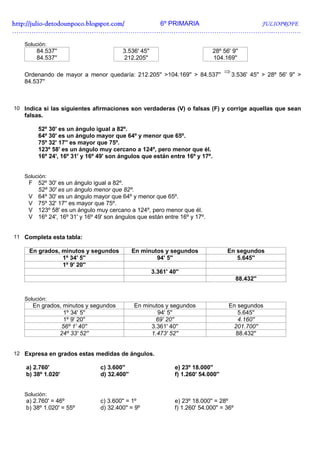 http://julio-
http://julio -detodounpoco.blogspot.com/ 6º PRIMARIA JULIOPROFE
…………………………………………………………………………………………………………..………….

   Solución:
        84.537''                         3.536' 45''                           28º 56' 9''
        84.537''                         212.205''                             104.169''

                                                                                     ⇒ 3.536' 45'' > 28º 56' 9'' >
   Ordenando de mayor a menor quedaría: 212.205'' >104.169'' > 84.537''
   84.537''



10 Indica si las siguientes afirmaciones son verdaderas (V) o falsas (F) y corrige aquellas que sean
   falsas.

        52º 30' es un ángulo igual a 82º.
        64º 30' es un ángulo mayor que 64º y menor que 65º.
        75º 32' 17'' es mayor que 75º.
        123º 58' es un ángulo muy cercano a 124º, pero menor que él.
        16º 24', 16º 31' y 16º 49' son ángulos que están entre 16º y 17º.


   Solución:
     F 52º 30' es un ángulo igual a 82º.
       52º 30' es un ángulo menor que 82º.
     V 64º 30' es un ángulo mayor que 64º y menor que 65º.
     V 75º 32' 17'' es mayor que 75º.
     V 123º 58' es un ángulo muy cercano a 124º, pero menor que él.
     V 16º 24', 16º 31' y 16º 49' son ángulos que están entre 16º y 17º.


11 Completa esta tabla:

     En grados, minutos y segundos            En minutos y segundos                   En segundos
                1º 34' 5''                            94' 5''                            5.645''
                1º 9' 20''
                                                       3.361' 40''
                                                                                           88.432''


   Solución:
      En grados, minutos y segundos           En minutos y segundos                   En segundos
                 1º 34' 5''                           94' 5''                            5.645''
                 1º 9' 20''                          69' 20''                            4.160''
                56º 1' 40''                         3.361' 40''                        201.700''
               24º 33' 52''                         1.473' 52''                         88.432''


12 Expresa en grados estas medidas de ángulos.

    a) 2.760'                   c) 3.600''                      e) 23º 18.000''
    b) 38º 1.020'               d) 32.400''                     f) 1.260' 54.000''


   Solución:
    a) 2.760' = 46º             c) 3.600'' = 1º                 e) 23º 18.000'' = 28º
    b) 38º 1.020' = 55º         d) 32.400'' = 9º                f) 1.260' 54.000'' = 36º
 