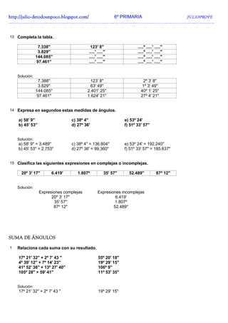 http://julio-
http://julio -detodounpoco.blogspot.com/ 6º PRIMARIA JULIOPROFE
…………………………………………………………………………………………………………..………….


13 Completa la tabla.

                 7.338''                     123' 8''                     .....º .....' .....''
                 3.829''                    .....' .....''                .....º .....' .....''
                144.085''                   .....' .....''                .....º .....' .....''
                97.461''                    .....' .....''                .....º .....' .....''


    Solución:
                 7.388''                    123' 8''                         2º 3' 8''
                 3.829''                    63' 49''                         1º 3' 49''
                144.085''                  2.401' 25''                      40º 1' 25''
                 97.461''                  1.624' 21''                      27º 4' 21''


14 Expresa en segundos estas medidas de ángulos.

    a) 58' 9''                    c) 38º 4''                       e) 53º 24'
    b) 45' 53''                   d) 27º 36'                       f) 51º 33' 57''


    Solución:
    a) 58' 9'' = 3.489''          c) 38º 4'' = 136.804''           e) 53º 24' = 192.240''
    b) 45' 53'' = 2.753''         d) 27º 36' = 99.360''            f) 51º 33' 57'' = 185.637''


15 Clasifica las siguientes expresiones en complejas o incomplejas.

      20º 3' 17''       6.419'       1.807º             35' 57''     52.489''            87º 12''


    Solución:
                  Expresiones complejas            Expresiones incomplejas
                        20º 3' 17''                         6.419'
                         35' 57''                           1.807º
                         87º 12''                          52.489''




SUMA DE ÁNGULOS

1   Relaciona cada suma con su resultado.

    17º 21' 32'' + 2º 7' 43 ''                     55º 20' 18''
    4º 39' 12'' + 7º 14' 23''                      19º 29' 15''
    41º 52' 38'' + 13º 27' 40''                    106º 9''
    105º 28'' + 59' 41''                           11º 53' 35''


    Solución:
    17º 21' 32'' + 2º 7' 43 ''                     19º 29' 15''
 