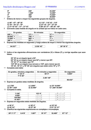 http://julio-
http://julio -detodounpoco.blogspot.com/ 6º PRIMARIA JULIOPROFE
…………………………………………………………………………………………………………..………….
    8º                       240'                     43.200''
    12º                      1.260'                   14.400''
    4º                       480'                     75.600''
    21º                      720'                     28.800''
7   Ordena de menor a mayor los siguientes grupos de ángulos.

    a) 46º - 47º - 46º 30'                 d) 115º - 114º 42' - 114º
    b) 18º - 18º 12' - 19º                 e) 27º 19' - 27º - 27º 24'
    c) 31º 43' 52'' - 31º - 31º 43'        f) 60º 25' 37'' - 60º 26' - 60º
8   Convierte cada medida de ángulo en la unidad que se indica en cada caso.

             En grados                En minutos              En segundos
    420' =..............      13º = .............     37' = ....................
    54.000'' = .............. 780'' = ..............  62' = ....................
    72.000'' = .............. 960'' = ..............  7º = .....................
    300' = ................   25º = ................  11º = ....................
9   Expresa las medidas en segundos y luego ordena de mayor a menor los siguientes ángulos.

        84.537''                       3.536' 45''                                28º 56' 9''


10 Indica si las siguientes afirmaciones son verdaderas (V) o falsas (F) y corrige aquellas que sean
    falsas.

      52º 30' es un ángulo igual a 82º.
      64º 30' es un ángulo mayor que 64º y menor que 65º.
      75º 32' 17'' es mayor que 75º.
      123º 58' es un ángulo muy cercano a 124º, pero menor que él.
      16º 24', 16º 31' y 16º 49' son ángulos que están entre 16º y 17º.
11 Completa esta tabla:

     En grados, minutos y segundos           En minutos y segundos                         En segundos
                1º 34' 5''                           94' 5''                                  5.645''
                1º 9' 20''
                                                     3.361' 40''
                                                                                               88.432''
12 Expresa en grados estas medidas de ángulos.

   a) 2.760'                   c) 3.600''                     e) 23º 18.000''
   b) 38º 1.020'               d) 32.400''                    f) 1.260' 54.000''
13 Completa la tabla.

             7.338''                123' 8''                           .....º .....' .....''
             3.829''               .....' .....''                      .....º .....' .....''
           144.085''               .....' .....''                      .....º .....' .....''
            97.461''               .....' .....''                      .....º .....' .....''
14 Expresa en segundos estas medidas de ángulos.

   a) 58' 9''                  c) 38º 4''               e) 53º 24'
   b) 45' 53''                 d) 27º 36'               f) 51º 33' 57''
15 Clasifica las siguientes expresiones en complejas o incomplejas.

      20º 3' 17''    6.419'       1.807º         35' 57''          52.489''           87º 12''
 