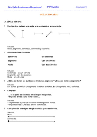 http://julio-detodounpoco.blogspot.com/ 5º PRIMARIA JULIOPROFE
…………………………………………………………………………………………………………………….
SOLUCIONARIO
LA LÍNEA RECTAS
1 Escribe si se trata de una recta, una semirrecta o un segmento.
Solución:
Recta, segmento, semirrecta, semirrecta y segmento.
2 Relaciona estas columnas.
Semirrecta Sin extremos
Segmento Con un extremo
Recta Con dos extremos
Solución:
Semirrecta - con un extremo
Segmento - con dos extremos
Recta - sin extremos
3 ¿Cómo se llaman los puntos que limitan un segmento? ¿Cuántos tiene un segmento?
Solución:
Los puntos que limitan un segmento se llaman extremos. En un segmento hay 2 extremos.
4 Completa.
- ... es la parte de una recta limitada por dos puntos.
- Un punto divide a una recta en dos....
Solución:
- Segmento es la parte de una recta limitada por dos puntos.
- Un punto divide a una recta en dos semirrectas.
5 Con ayuda de una regla, dibuja una recta y una semirrecta.
Solución:
recta
semirrecta
 