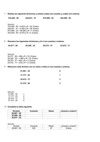 7   Realiza las siguiente divisiones y señala cuales son exactas y cuáles son enteras.

    723.482 : 80           224.831 : 41      673.999 : 24       453.050 : 65


    Solución:
    723.482 : 80 = 9.043 y R = 42. Entera.
    224.831 : 41 = 5.483 y R = 28. Entera.
    673.999 : 24 = 28.083 y R = 7. Entera.
    453.050 : 65 = 6.970 y R = 0. Exacta.



8   Resuelve las siguientes divisiones y di si son exactas o enteras.

    34.277 : 69            65.300 : 35       29.375 : 47        23.572 : 71



    Solución:
    34.277 : 69 = 496 y R = 53. Entera.
    65.300 : 35 = 1.865 y R = 25. Entera.
    29.375 : 47 = 625 y R = 0. Exacta.
    23.572 : 71 = 332 y R = 0. Exacta.

9   Relaciona cada división con su resto e indica si son exactas o enteras.

                   21.081 : 34                                 0

                   17.177 : 25                                 1

                   32.415 : 73                                 2

                   21.372 : 26                                 3



    Solución:
    21.081 : 34        1
    17.177 : 25        2
    32.415 : 73        3
    21.372 : 26        0


10 Completa la tabla siguiente.

          División               Cociente          Resto           ¿Exacta o entera?
         46.867 : 90
         30.288 : 48
         32.877 : 55


    Solución:
          División               Cociente          Resto           ¿Exacta o entera?
         46.867 : 90               520              67                  Entera
 