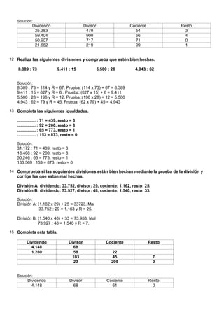 Solución:
            Dividendo                         Divisor                   Cociente           Resto
             25.383                            470                        54                 3
             59.404                            900                        66                 4
             50.907                            717                        71                 0
             21.682                            219                        99                 1


12 Realiza las siguientes divisiones y comprueba que estén bien hechas.

    8.389 : 73               9.411 : 15                 5.500 : 28        4.943 : 62


   Solución:
   8.389 : 73 = 114 y R = 67. Prueba: (114 x 73) + 67 = 8.389
   9.411 : 15 = 627 y R = 6 . Prueba: (627 x 15) + 6 = 9.411
   5.500 : 28 = 196 y R = 12. Prueba :(196 x 28) + 12 = 5.500
   4.943 : 62 = 79 y R = 45. Prueba: (62 x 79) + 45 = 4.943

13 Completa las siguientes igualdades.

   ................ : 71 = 439, resto = 3
   ................ : 92 = 200, resto = 8
   ................ : 65 = 773, resto = 1
   ................ : 153 = 873, resto = 0

   Solución:
   31.172 : 71 = 439, resto = 3
   18.408 : 92 = 200, resto = 8
   50.246 : 65 = 773, resto = 1
   133.569 : 153 = 873, resto = 0

14 Comprueba si las soguientes divisiones están bien hechas mediante la prueba de la división y
   corrige las que están mal hechas.

   División A: dividendo: 33.752, divisor: 29, cociente: 1.162, resto: 25.
   División B: dividendo: 73.927, divisor: 48, cociente: 1.540, resto: 33.

   Solución:
   División A: (1.162 x 29) + 25 = 33723. Mal
                33.752 : 29 = 1.163 y R = 25.

   División B: (1.540 x 48) + 33 = 73.953. Mal
               73.927 : 48 = 1.540 y R = 7.

15 Completa esta tabla.

         Dividendo                  Divisor                  Cociente              Resto
           4.148                      68
           1.280                      58                        22
                                     103                        45                  7
                                      23                       205                  0


   Solución:
         Dividendo                  Divisor                  Cociente              Resto
           4.148                      68                       61                    0
 