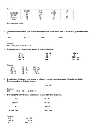 Solución:
                            División            x2                   x3                 :2
       Dividendo              868              1.736                2.604               434
        Divisor               14                 28                  42                  7
       Cociente               62                 62                  62                 62
         Resto                 0                  0                   0                  0

    El cociente no varía.



6   ¿Qué número tenemos que añadir al dividendo de estas divisiones exactas para que el resto sea
    5?

    42 : 7                   84 : 7                  252 : 7                1.764 : 7


    Solución:
    Hay que sumar al dividendo 5.

7   Relaciona las divisiones que tengan el mismo cociente.

                   10 : 1                                  84 :14                              124 : 4
                   42 : 7                                  50 : 5                               6:1
                  204 : 34                                 62 : 2                             840 : 140
                   186 : 6                                102 : 17                            500 : 50


    Solución:
        10 : 1         50 : 5             500 : 50
        42 : 7         84 :14            840 : 140
       204 : 34       102 : 17             6:1
       186 : 6         62 : 2             124 : 4


8   Escribe tres divisiones que tengan el mismo cociente que la siguiente. Utiliza la propiedad
    fundamental de la división exacta.

                                                          280 : 4

    Solución:
    280 : 4 = 140 : 2 = 70 : 1 = 2.800 : 40

9   Sin realizar las divisiones, une las que tengan el mismo cociente.

                6:2                                      20 : 4

          200 : 40                                       60 : 20

                9:3                                      140 : 7

     14.000 : 700                                        900 : 300


    Solución:
    6:2                        60 : 20
    200 : 40                    20 : 4
    9:3                      900 : 300
 