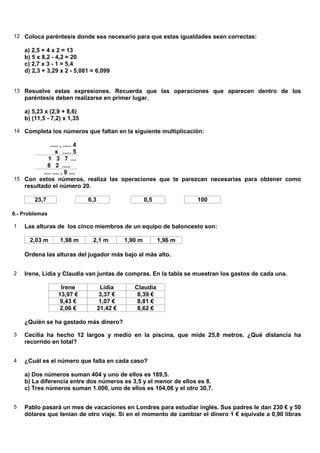 12 Coloca paréntesis donde sea necesario para que estas igualdades sean correctas:

    a) 2,5 + 4 x 2 = 13
    b) 5 x 8,2 - 4,2 = 20
    c) 2,7 x 3 - 1 = 5,4
    d) 2,3 + 3,29 x 2 - 5,081 = 6,099


13 Resuelve estas expresiones. Recuerda que las operaciones que aparecen dentro de los
    paréntesis deben realizarse en primer lugar.

    a) 5,23 x (2,9 + 8,6)
    b) (11,5 - 7,2) x 1,35

14 Completa los números que faltan en la siguiente multiplicación:

             ..... , ..... 4
                x ..... 5
            1 3 7 ...
            8 2 .....
          .... .... , 9 ....
15 Con estos números, realiza las operaciones que te parezcan necesarias para obtener como
   resultado el número 20.

        23,7                 6,3                      0,5            100

6.- Problemas

1   Las alturas de los cinco miembros de un equipo de baloncesto son:

      2,03 m      1,98 m      2,1 m          1,90 m         1,96 m

    Ordena las alturas del jugador más bajo al más alto.


2   Irene, Lidia y Claudia van juntas de compras. En la tabla se muestran los gastos de cada una.

                  Irene             Lidia       Claudia
                 13,97 €            3,37 €       8,39 €
                  9,43 €            1,07 €       8,81 €
                  2,06 €           21,42 €       8,62 €

    ¿Quién se ha gastado más dinero?

3   Cecilia ha hecho 12 largos y medio en la piscina, que mide 25,8 metros. ¿Qué distancia ha
    recorrido en total?


4   ¿Cuál es el número que falta en cada caso?

    a) Dos números suman 404 y uno de ellos es 189,5.
    b) La diferencia entre dos números es 3,5 y el menor de ellos es 8.
    c) Tres números suman 1.000, uno de ellos es 104,06 y el otro 30,7.


5   Pablo pasará un mes de vacaciones en Londres para estudiar inglés. Sus padres le dan 230 € y 50
    dólares que tenían de otro viaje. Si en el momento de cambiar el dinero 1 € equivale a 0,90 libras
 