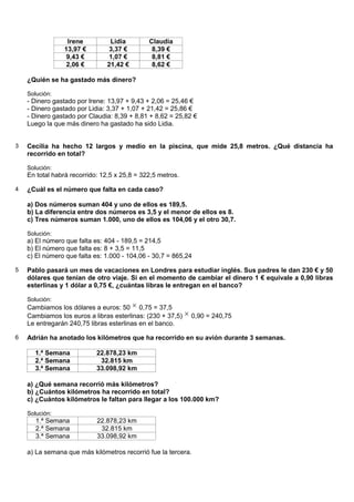 Irene          Lidia         Claudia
                13,97 €         3,37 €         8,39 €
                 9,43 €         1,07 €         8,81 €
                 2,06 €        21,42 €         8,62 €

    ¿Quién se ha gastado más dinero?

    Solución:
    - Dinero gastado por Irene: 13,97 + 9,43 + 2,06 = 25,46 €
    - Dinero gastado por Lidia: 3,37 + 1,07 + 21,42 = 25,86 €
    - Dinero gastado por Claudia: 8,39 + 8,81 + 8,62 = 25,82 €
    Luego la que más dinero ha gastado ha sido Lidia.


3   Cecilia ha hecho 12 largos y medio en la piscina, que mide 25,8 metros. ¿Qué distancia ha
    recorrido en total?

    Solución:
    En total habrá recorrido: 12,5 x 25,8 = 322,5 metros.

4   ¿Cuál es el número que falta en cada caso?

    a) Dos números suman 404 y uno de ellos es 189,5.
    b) La diferencia entre dos números es 3,5 y el menor de ellos es 8.
    c) Tres números suman 1.000, uno de ellos es 104,06 y el otro 30,7.

    Solución:
    a) El número que falta es: 404 - 189,5 = 214,5
    b) El número que falta es: 8 + 3,5 = 11,5
    c) El número que falta es: 1.000 - 104,06 - 30,7 = 865,24

5   Pablo pasará un mes de vacaciones en Londres para estudiar inglés. Sus padres le dan 230 € y 50
    dólares que tenían de otro viaje. Si en el momento de cambiar el dinero 1 € equivale a 0,90 libras
    esterlinas y 1 dólar a 0,75 €, ¿cuántas libras le entregan en el banco?

    Solución:
    Cambiamos los dólares a euros: 50 × 0,75 = 37,5
    Cambiamos los euros a libras esterlinas: (230 + 37,5) × 0,90 = 240,75
    Le entregarán 240,75 libras esterlinas en el banco.

6   Adrián ha anotado los kilómetros que ha recorrido en su avión durante 3 semanas.

      1.ª Semana            22.878,23 km
      2.ª Semana             32.815 km
      3.ª Semana            33.098,92 km

    a) ¿Qué semana recorrió más kilómetros?
    b) ¿Cuántos kilómetros ha recorrido en total?
    c) ¿Cuántos kilómetros le faltan para llegar a los 100.000 km?

    Solución:
       1.ª Semana           22.878,23 km
       2.ª Semana            32.815 km
       3.ª Semana           33.098,92 km

    a) La semana que más kilómetros recorrió fue la tercera.
 