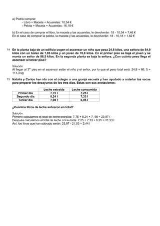 a) Podrá comprar:
          - Libro + Maceta + Acuarelas: 10,54 €
          - Pelota + Maceta + Acuarelas: 16,18 €

   b) En el caso de comprar el libro, la maceta y las acuarelas, le devolverán: 18 - 10,54 = 7,46 €
   En el caso de comprar la pelota, la maceta y las acuarelas, le devolverán: 18 - 16,18 = 1,82 €



14 En la planta baja de un edificio cogen el ascensor un niño que pesa 24,8 kilos, una señora de 54,9
   kilos con un bolso de 1,85 kilos y un joven de 70,8 kilos. En el primer piso se baja el joven y se
   monta un señor de 86,5 kilos. En la segunda planta se baja la señora. ¿Con cuánto peso llega el
   ascensor al tercer piso?

   Solución:
   Al llegar al 3er piso en el ascensor están el niño y el señor, por lo que el peso total será: 24,8 + 86, 5 =
   111,3 kg

15 Natalia y Carlos han ido con el colegio a una granja escuela y han ayudado a ordeñar las vacas
   para preparar los desayunos de los tres días. Estas son sus anotaciones:

                           Leche extraída        Leche consumida
       Primer día              7,75 l                 7,25 l
      Segundo día              8,24 l                 7,33 l
       Tercer día              7,98 l                 6,95 l

   ¿Cuántos litros de leche sobraron en total?

   Solución:
   Primero calculamos el total de leche extraída: 7,75 + 8,24 + 7, 98 = 23,97 l
   Después calculamos el total de leche consumida: 7,25 + 7,33 + 6,95 = 21,53 l
   Así, los litros que han sobrado serán: 23,97 - 21,53 = 2,44 l
 