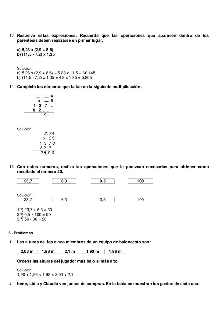 Ejercicios Solucionario Numeros Decimales