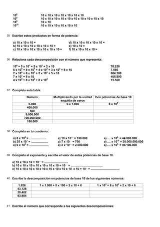 108                         10 x 10 x 10 x 10 x 10 x 10 x 10
    104                         10 x 10 x 10 x 10 x 10 x 10 x 10 x 10 x 10 x 10
    109                         10 x 10
    1010                        10 x 10 x 10 x 10 x 10 x 10


35 Escribe estos productos en forma de potencia:

    a) 10 x 10 x 10 =                                   d) 10 x 10 x 10 x 10 x 10 =
    b) 10 x 10 x 10 x 10 x 10 x 10 =                    e) 10 x 10 =
    c) 10 x 10 x 10 x 10 x 10 x 10 x 10 =               f) 10 x 10 x 10 x 10 =


36 Relaciona cada descomposición con el número que representa:

    104 + 5 x 103 + 5 x 102 + 2 x 10                                                       76.250
    6 x 105 + 8 x 104 + 4 x 103 + 3 x 102 + 8 x 10                                         7.080
    7 x 104 + 6 x 103 + 2 x 102 + 5 x 10                                                   684.380
    7 x 103 + 8 x 10                                                                       408.800
    4 x 105 + 8 x 103 + 8 x 102                                                            15.520


37 Completa esta tabla:

                  Número                    Multiplicando por la unidad      Con potencias de base 10
                                                 seguida de ceros
                  6.000                               6 x 1.000                          6 x 103
                 400.000
                   500
                9.000.000
               700.000.000
                 180.000


38 Completa en tu cuaderno:

    a) 8 x 103 = .....................         a) 19 x 10.... = 190.000              a) .... x 106 = 44.000.000
    b) 35 x 107 = .....................        a) 7 x 10.... = 700                   a) .... x 1010 = 30.000.000.000
    a) 6 x 109 = ........................      a) 2 x 10.... = 2.000.000             a) .... x 105 = 96.100.000


39 Completa el exponente y escribe el valor de estas potencias de base 10.

   a) 10 x 10 x 10 = 10.... = .............................
   b) 10 x 10 x 10 x 10 x 10 x 10 x 10 = 10.... = .......................................
   c) 10 x 10 x 10 x 10 x 10 x 10 x 10 x 10 x 10 x 10 = 10... = ...................................


40 Escribe la descomposición en potencias de base 10 de los siguientes números:

         1.826                 1 x 1.000 + 8 x 100 + 2 x 10 + 6               1 x 103 + 8 x 102 + 2 x 10 + 6
        43.128
        30.482
        93.804


41 Escribe el número que corresponde a las siguientes descomposiciones:
 