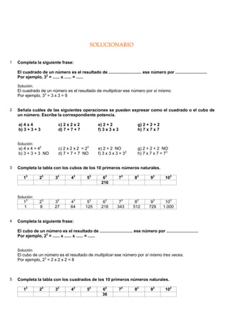 SOLUCIONARIO


1   Completa la siguiente frase:

    El cuadrado de un número es el resultado de ............................ ese número por ...........................
    Por ejemplo, 32 = ...... x ...... = ......

    Solución:
    El cuadrado de un número es el resultado de multiplicar ese número por sí mismo.
    Por ejemplo, 32 = 3 x 3 = 9


2   Señala cuáles de las siguientes operaciones se pueden expresar como el cuadrado o el cubo de
    un número. Escribe la correspondiente potencia.

    a) 4 x 4                 c) 2 x 2 x 2            e) 2 + 2                g) 2 + 2 + 2
    b) 3 + 3 + 3             d) 7 + 7 + 7            f) 3 x 3 x 3            h) 7 x 7 x 7


    Solución:
    a) 4 x 4 = 42            c) 2 x 2 x 2 = 23       e) 2 + 2 NO             g) 2 + 2 + 2 NO
    b) 3 + 3 + 3 NO          d) 7 + 7 + 7 NO         f) 3 x 3 x 3 = 33       h) 7 x 7 x 7 = 73


3   Completa la tabla con los cubos de los 10 primeros números naturales.

       13        23        33        43       53        63          73      83       93       103
                                                       216


    Solución:
       13        23       33        43        53        63        73        83       93       103
       1         8        27        64       125       216       343       512      729      1.000


4   Completa la siguiente frase:

    El cubo de un número es el resultado de ............................ ese número por ...........................
    Por ejemplo, 23 = ...... x ...... x ...... = ......


    Solución:
    El cubo de un número es el resultado de multiplicar ese número por sí mismo tres veces.
    Por ejemplo, 23 = 2 x 2 x 2 = 8



5   Completa la tabla con los cuadrados de los 10 primeros números naturales.

       12        22        32        42       52        62          72      82       92       102
                                                        36
 