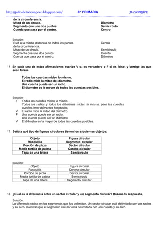 http://julio-
http://julio -detodounpoco.blogspot.com/ 6º PRIMARIA JULIOPROFE
……………………………………………………………………………………………………………………..
    de la circunferencia.
    Mitad de un círculo.                                              Diámetro
    Segmento que une dos puntos.                                      Semicírculo
    Cuerda que pasa por el centro.                                    Centro


   Solución:
    Está a la misma distancia de todos los puntos                     Centro
    de la circunferencia.
    Mitad de un círculo.                                              Semicírculo
    Segmento que une dos puntos.                                      Cuerda
    Cuerda que pasa por el centro.                                    Diámetro


11 En cada una de estas afirmaciones escribe V si es verdadero o F si es falso, y corrige las que
   sean falsas.

            Todas las cuerdas miden lo mismo.
            El radio mide la mitad del diámetro.
            Una cuerda puede ser un radio.
            El diámetro es la mayor de todas las cuerdas posibles.


   Solución:
      F     Todas las cuerdas miden lo mismo.
            Todos los radios y todos los diámetros miden lo mismo, pero las cuerdas
            pueden tener diferentes longitudes.
      V     El radio mide la mitad del diámetro.
      F     Una cuerda puede ser un radio.
            Una cuerda puede ser un diámetro.
      V     El diámetro es la mayor de todas las cuerdas posibles.


12 Señala qué tipo de figuras circulares tienen los siguientes objetos:

                  Objeto                     Figura circular
                Rosquillla                  Segmento circular
            Porción de pizza                 Sector circular
          Media tortilla de patata           Corona circular
           Tapa de una tetera                  Semicírculo


   Solución:
                  Objeto                     Figura circular
                Rosquillla                   Corona circular
            Porción de pizza                 Sector circular
          Media tortilla de patata            Semicírculo
           Tapa de una tetera               Segmento circular



13 ¿Cuál es la diferencia entre un sector circular y un segmento circular? Razona tu respuesta.

   Solución:
   La diferencia radica en los segmentos que los delimitan. Un sector circular está delimitado por dos radios
   y su arco, mientras que el segmento circular está delimitado por una cuerda y su arco.
 