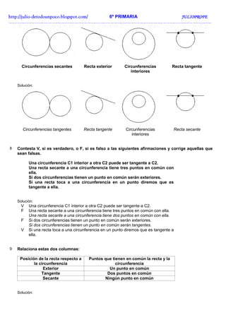 http://julio-
http://julio -detodounpoco.blogspot.com/ 6º PRIMARIA JULIOPROFE
……………………………………………………………………………………………………………………..




      Circunferencias secantes         Recta exterior       Circunferencias          Recta tangente
                                                               interiores


    Solución:




       Circunferencias tangentes       Recta tangente       Circunferencias          Recta secante
                                                               interiores


8   Contesta V, si es verdadero, o F, si es falso a las siguientes afirmaciones y corrige aquellas que
    sean falsas.

          Una circunferencia C1 interior a otra C2 puede ser tangente a C2.
          Una recta secante a una circunferencia tiene tres puntos en común con
          ella.
          Si dos circunferencias tienen un punto en común serán exteriores.
          Si una recta toca a una circunferencia en un punto diremos que es
          tangente a ella.


    Solución:
      V   Una circunferencia C1 interior a otra C2 puede ser tangente a C2.
      F   Una recta secante a una circunferencia tiene tres puntos en común con ella.
          Una recta secante a una circunferencia tiene dos puntos en común con ella.
      F   Si dos circunferencias tienen un punto en común serán exteriores.
          Si dos circunferencias tienen un punto en común serán tangentes.
      V   Si una recta toca a una circunferencia en un punto diremos que es tangente a
          ella.


9   Relaciona estas dos columnas:

     Posición de la recta respecto a     Puntos que tienen en común la recta y la
            la circunferencia                         circunferencia
                 Exterior                         Un punto en común
                Tangente                         Dos puntos en común
                 Secante                        Ningún punto en común


    Solución:
 