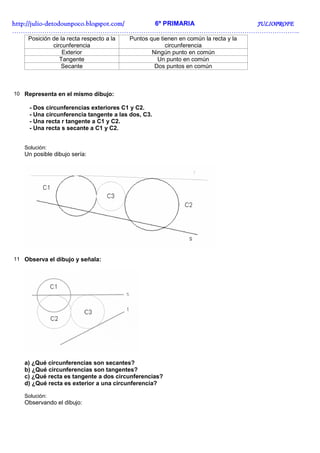 http://julio-
http://julio -detodounpoco.blogspot.com/ 6º PRIMARIA JULIOPROFE
……………………………………………………………………………………………………………………..
    Posición de la recta respecto a la   Puntos que tienen en común la recta y la
             circunferencia                           circunferencia
                 Exterior                        Ningún punto en común
                Tangente                           Un punto en común
                Secante                           Dos puntos en común



10 Representa en el mismo dibujo:

     - Dos circunferencias exteriores C1 y C2.
     - Una circunferencia tangente a las dos, C3.
     - Una recta r tangente a C1 y C2.
     - Una recta s secante a C1 y C2.


   Solución:
   Un posible dibujo sería:




11 Observa el dibujo y señala:




   a) ¿Qué circunferencias son secantes?
   b) ¿Qué circunferencias son tangentes?
   c) ¿Qué recta es tangente a dos circunferencias?
   d) ¿Qué recta es exterior a una circunferencia?

   Solución:
   Observando el dibujo:
 