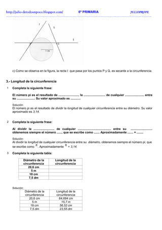 http://julio-
http://julio -detodounpoco.blogspot.com/ 6º PRIMARIA JULIOPROFE
……………………………………………………………………………………………………………………..




    c) Como se observa en la figura, la recta t que pasa por los puntos P y Q, es secante a la circunferencia.


3.- Longitud de la circunferencia
1   Completa la siguiente frase:

    El número pi es el resultado de ......................... la .......................... de cualquier ....................... entre
    su ...................... Su valor aproximado es ............

    Solución:
    El número pi es el resultado de dividir la longitud de cualquier circunferencia entre su diámetro. Su valor
    aproximado es 3,14.


2   Completa la siguiente frase:

    Al dividir la ......................... de cualquier ........................................ entre su ..........................
    obtenemos siempre el número ......, que se escribe como ....... Aproximadamente ....... = ........

    Solución:
    Al dividir la longitud de cualquier circunferencia entre su diámetro, obtenemos siempre el número pi, que
    se escribe como
                         π . Aproximadamente π = 3,14.

3   Completa la siguiente tabla:

              Diámetro de la               Longitud de la
              circunferencia               circunferencia
                  20,6 cm
                    5m
                   18 cm
                  7,5 dm


    Solución:
                Diámetro de la              Longitud de la
                circunferencia              circunferencia
                    20,6 cm                   64,684 cm
                      5m                        15,7 m
                     18 cm                     56,52 cm
                    7,5 dm                     23,55 dm
 