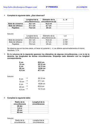 http://julio-
http://julio -detodounpoco.blogspot.com/ 6º PRIMARIA JULIOPROFE
……………………………………………………………………………………………………………………..


4   Completa la siguiente tabla. ¿Qué observas?

                               Longitud de la           Diámetro de la     L:d
                             circunferencia (L)       circunferencia (d)
     Bote de conserva             32,1 cm                  10,2 cm
     Bote de refresco             21,1 cm                   6,7 cm
         Papelera                 75,4 cm                   24 cm


    Solución:
                                   Longitud de la      Diámetro de la       L:d
                                 circunferencia (L)   circunferencia (d)
     Bote de conserva                 32,1 cm              10,2 cm         3,147
     Bote de refresco                 21,1 cm               6,7 cm         3,149
         Papelera                     75,4 cm               24 cm          3,142

    Se observa que en los tres casos, al hacer el cociente L : d, se obtiene aproximadamente el mismo
    resultado, 3,14.

5   En la columna de la izquierda aparecen los diámetros de algunas circunferencias, y en la de la
    derecha, las longitudes de dichas circunferencias. Empareja cada diámetro con su longitud
    correspondiente.

                      8 cm                       62,8 cm
                      15 cm                      25,12 cm
                      6 cm                       14,13 cm
                      20 cm                      18,84 cm
                      4,5 cm                     47,1 cm


    Solución:
                      8 cm
                                 →               25,12 cm
                      15 cm
                            →                    47,1 cm
                      6 cm
                             →                   18,84 cm
                      20 cm
                             →                   62,8 cm
                      4,5 cm
                             →                   14,13 cm



6   Completa la siguiente tabla:

              Radio de la                 Longitud de la
            circunferencia                circunferencia
                20 dm
                 5,4 m
                25 cm
                40 mm


    Solución:
                 Radio de la               Longitud de la
                circunferencia             circunferencia
 